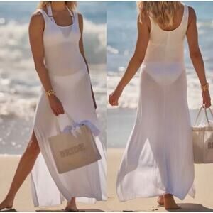 Becca Mykonos Semisheer Ribbed Beach Cover Up Tank Maxi Dress White Size L NWT